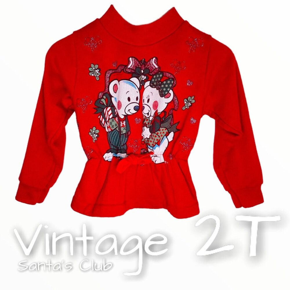 Vintage Girls Red Winter Teddy Bear Elastic Cinched Waist Pullover Sweatshirt 2T